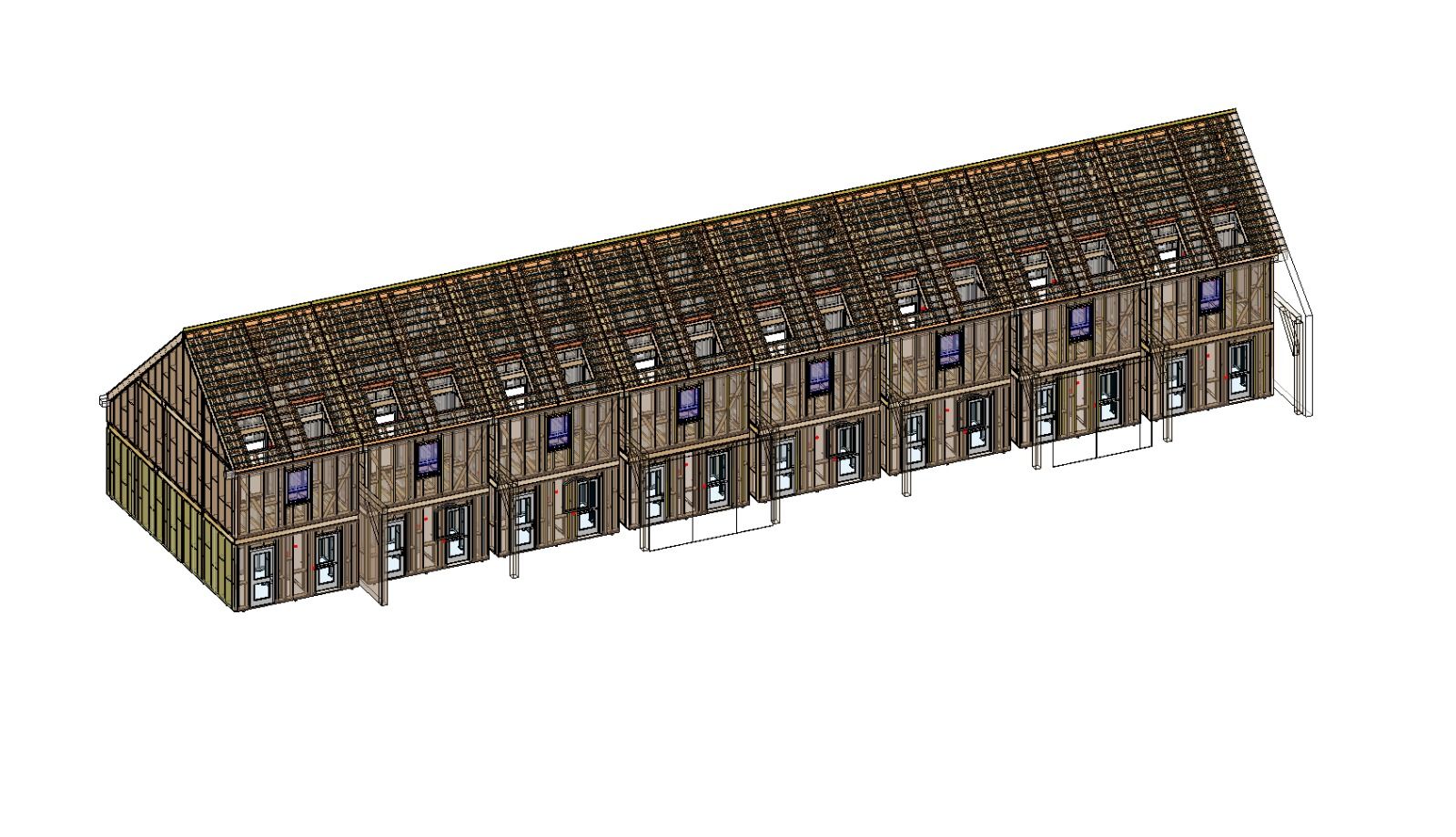 Timber structural frame model of the long gabled Brouwershaven building, showing the wall, floor and roof framing of all eight apartments
