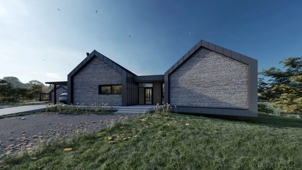 Gabled brick-and-timber home built with Uniqa prefabricated panels